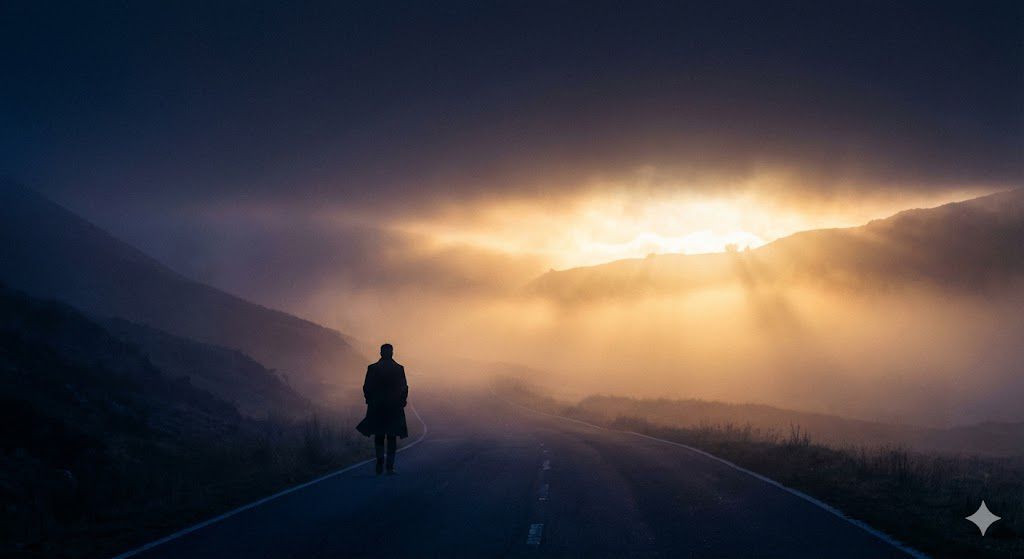 Silhueta solitária caminhando numa estrada com luz dourada rompendo pelas nuvens