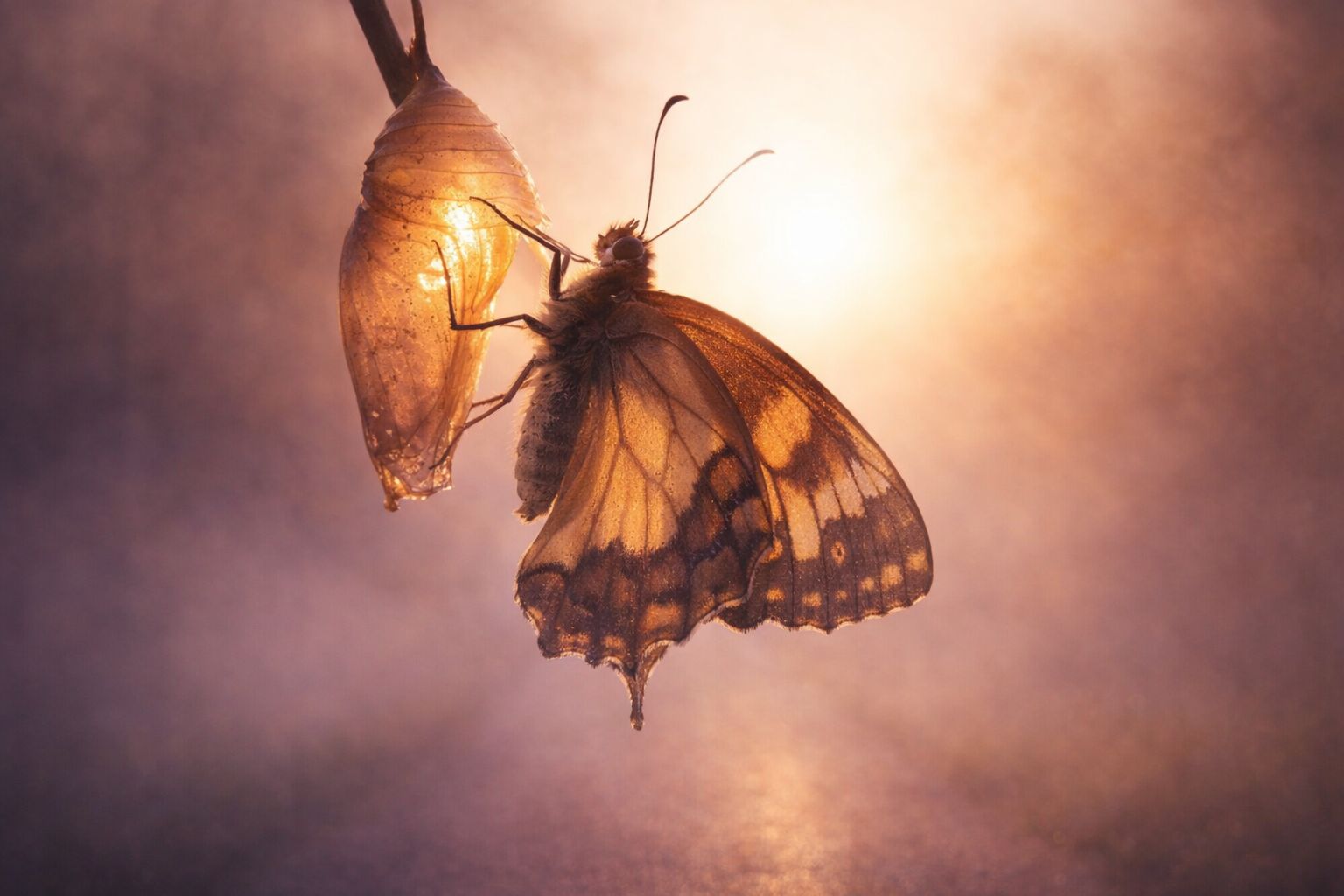 Borboleta emergindo da crisálida com luz dourada ao fundo