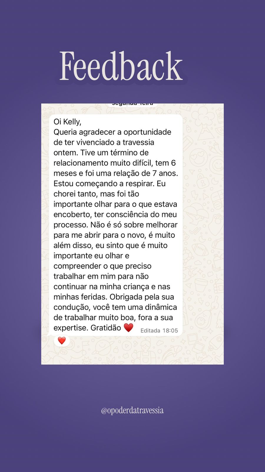 Depoimento sobre término de relacionamento e processo de travessia
